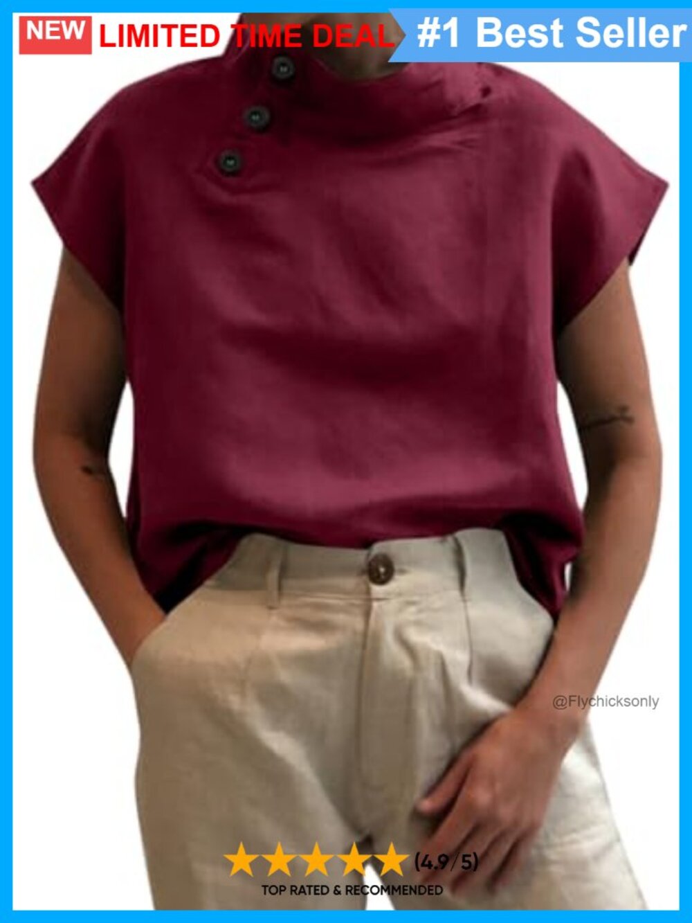 Pure Cotton High Neck Tee Button Collar Short Sleeve Blouse